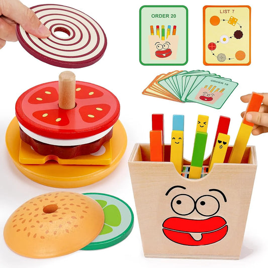 Montessori Wooden Food Play Set: Burger, Chips & Sandwich Sorting